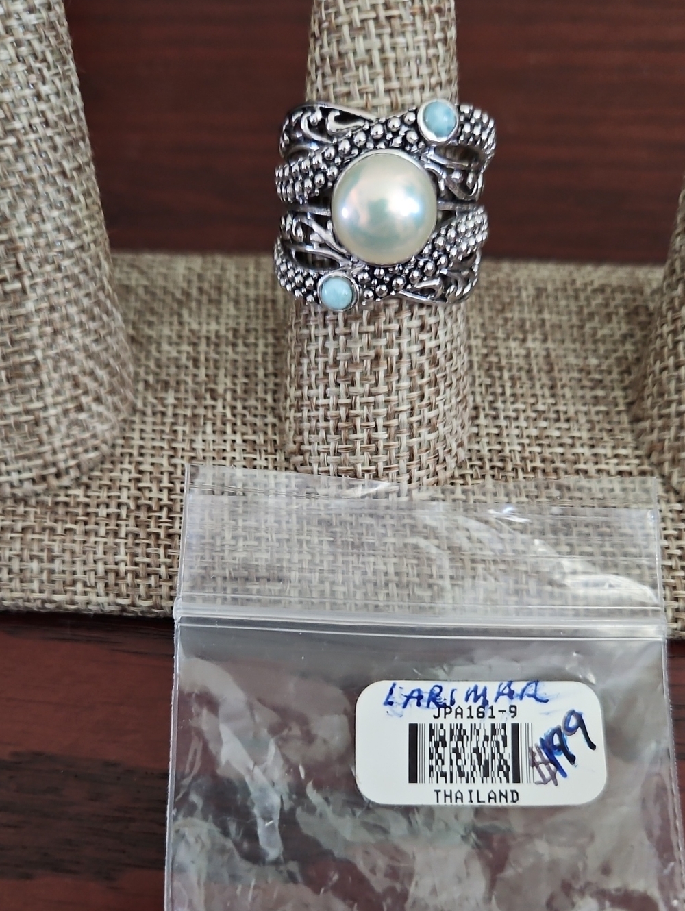 Sterling Silver Cultured Pearl And Larimar Ring Sz 9